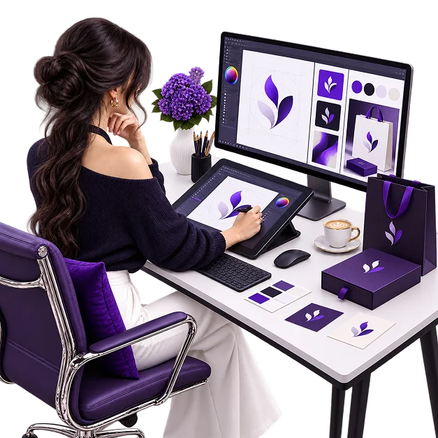 Brand Design Services - a designer drawing a leaf logo mark, with the finished identity applied to a bag