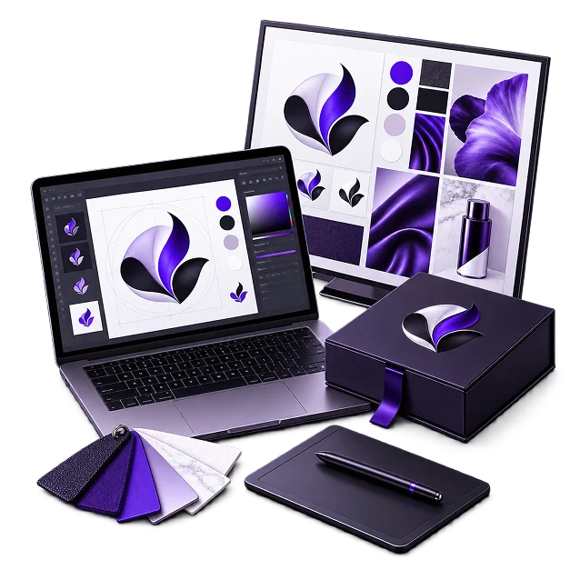 Brand Development Services - a laptop and monitor showing a leaf mark beside its moodboard