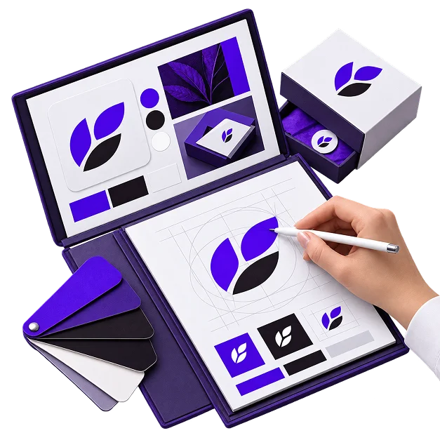 Brand Guidelines Services - an open brand guidelines folder showing logo construction grids and colour swatches