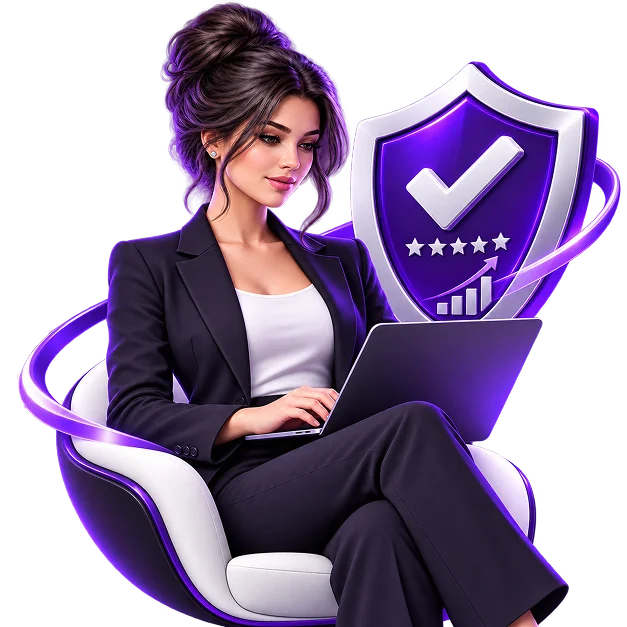 Brand Reputation Management - a laptop beside a shield carrying a tick, five stars and a rising performance chart
