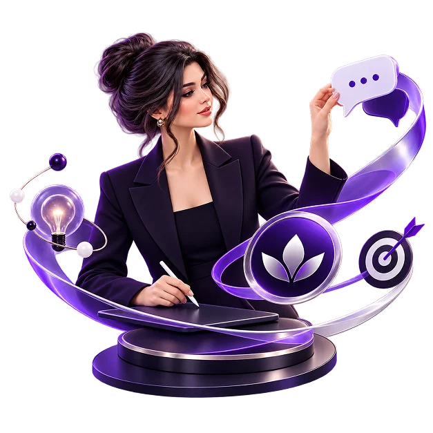 Brand Story and Messaging Services - a designer at a drawing tablet surrounded by a speech bubble, a lit bulb