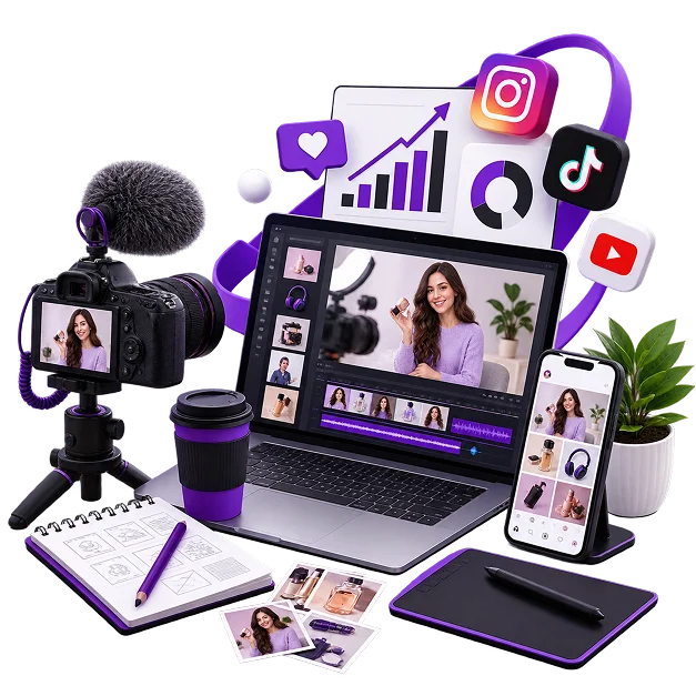 Ecommerce Content Marketing Services - a camera on a tripod, a laptop mid-edit and a phone showing a feed