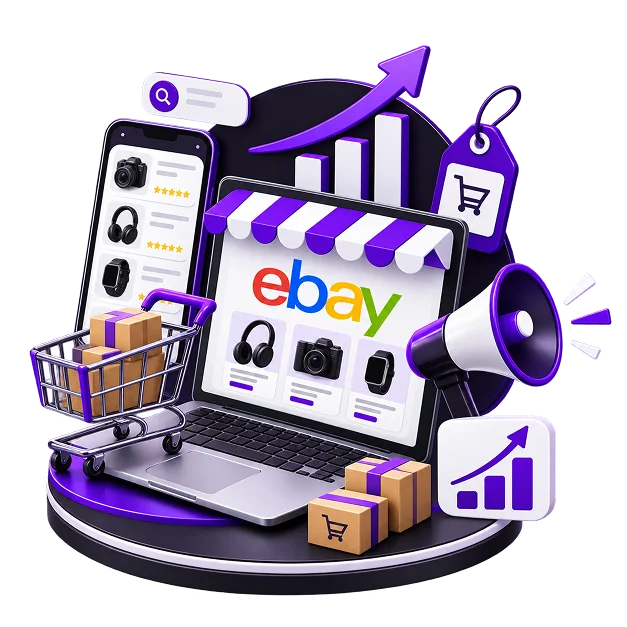 eBay Marketing and Listing Optimisation - a laptop showing an eBay storefront, with a trolley of parcels
