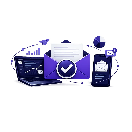 Ecommerce Email Marketing Services - an open envelope carrying a tick, between a laptop showing campaign figures and a phone