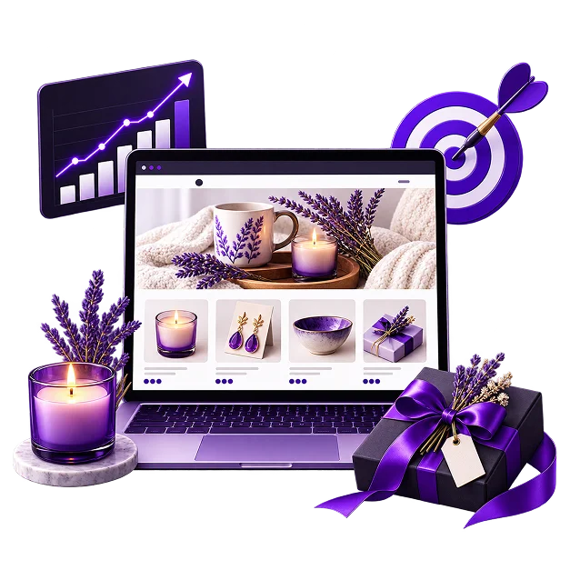 Etsy Marketing and Shop Optimisation - a laptop showing a handmade-goods shop listing, with a lit candle
