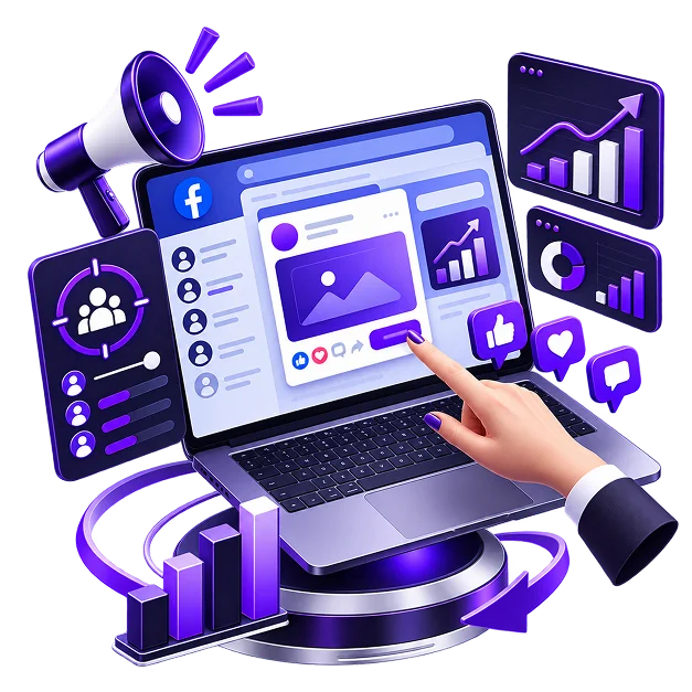 Facebook Marketing Services for Ecommerce - a laptop showing a Facebook post being boosted, with an audience targeting panel