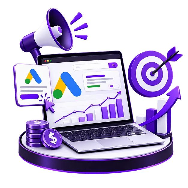 Google Ads Management for Ecommerce - a laptop showing a Google Ads search result, with a megaphone, a target