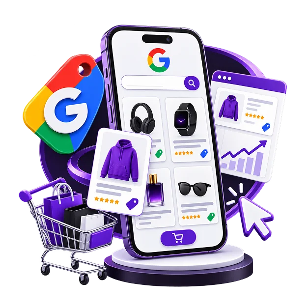 Google Shopping Ads Management - a phone showing Google Shopping product listings with ratings and prices