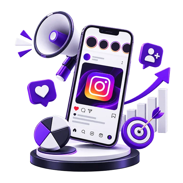 Instagram Marketing Services for Ecommerce - a phone showing an Instagram post, with a megaphone, a like bubble