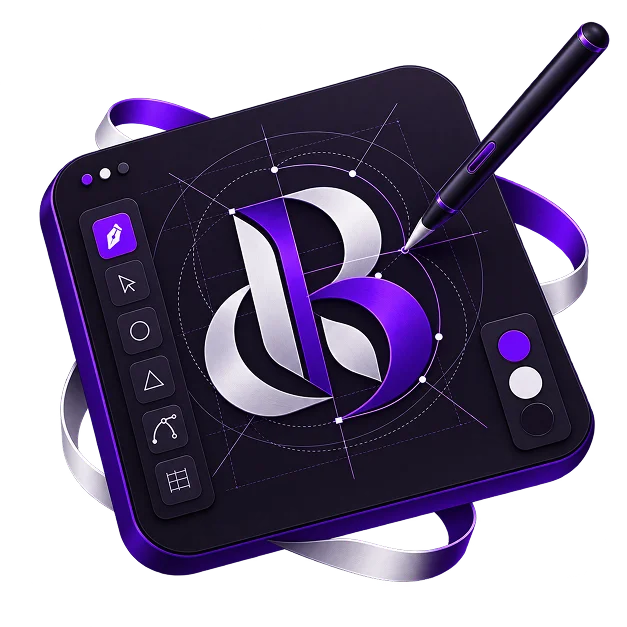 Logo Design Services - a drawing tablet showing a letter mark being built on construction circles, with a stylus and ribbons
