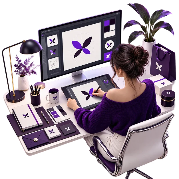 Brand Design Services - a designer drawing a leaf mark on a tablet, the identity applied to notebooks, cards