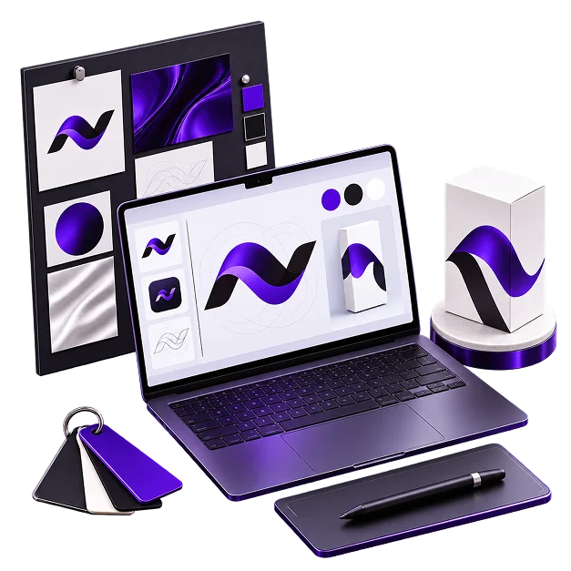 Brand Development Services - a laptop showing a wave mark under construction beside a pinned moodboard