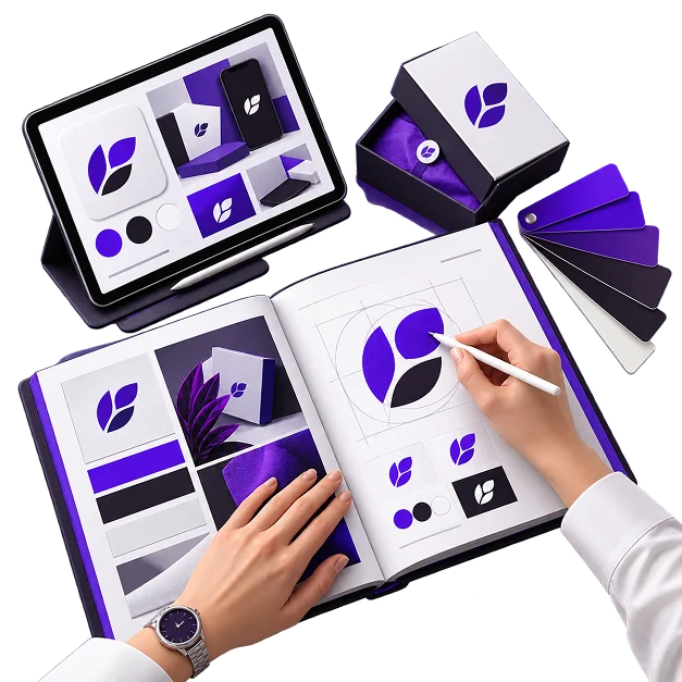 Brand Guidelines Services - hands drawing a logo on a construction grid in an open brand guidelines book