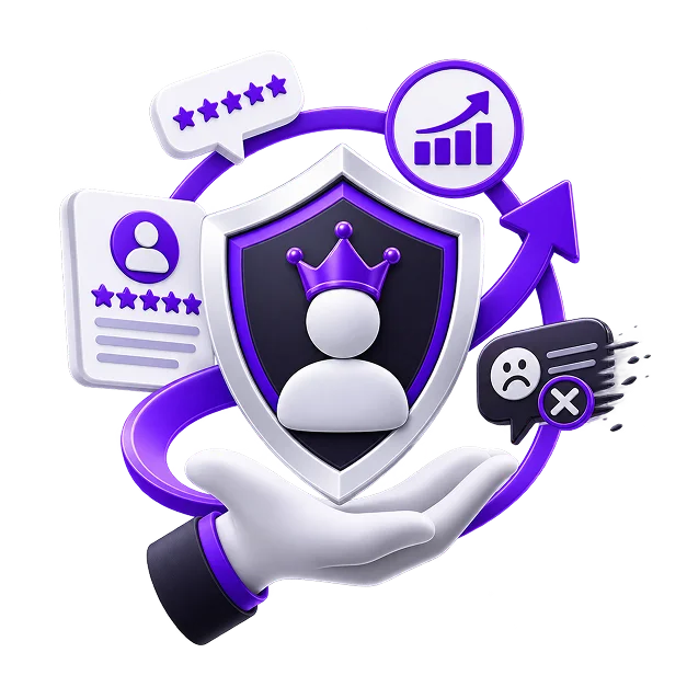 Brand Reputation Management - a hand holding a shield around a customer profile, ringed by star ratings