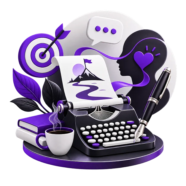 Brand Story and Messaging Services - a typewriter printing a page showing a route to a summit, with a speech bubble