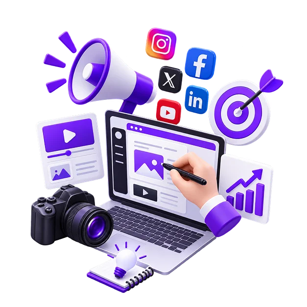 Ecommerce Content Marketing Services - a laptop being drawn on, with a camera, a megaphone, social platform badges