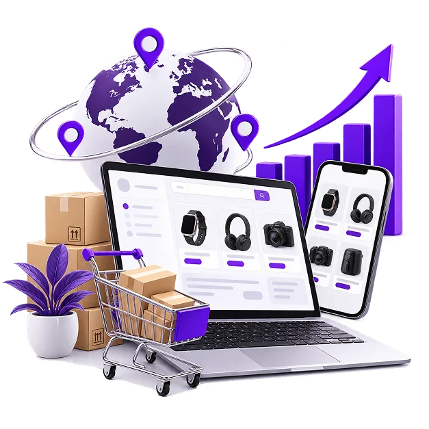 eBay Marketing and Listing Optimisation - a laptop and phone showing product listings, with a globe of location pins
