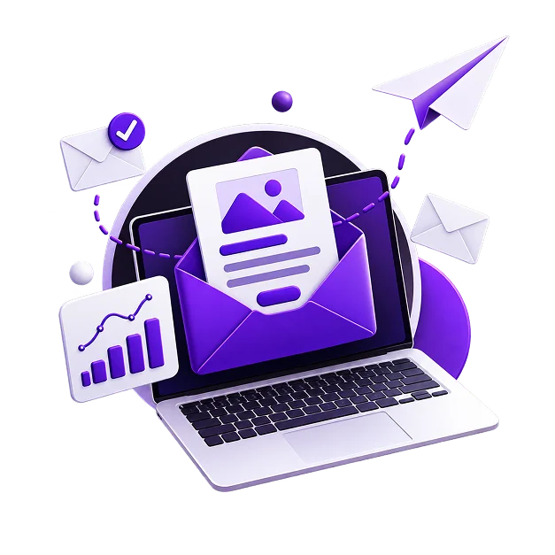 Ecommerce Email Marketing Services - an open envelope carrying a campaign layout in front of a laptop