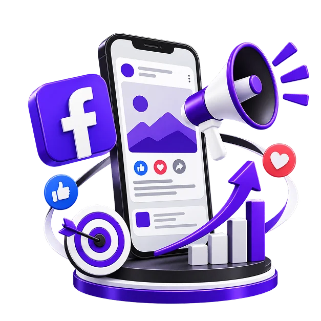 Facebook Marketing Services for Ecommerce - a phone showing a Facebook post with reactions, beside the Facebook mark