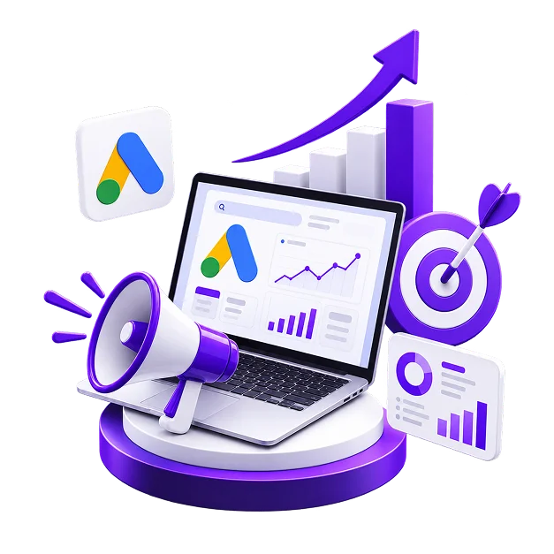 Google Ads Management for Ecommerce - a laptop showing a Google Ads dashboard, with the Ads mark, a megaphone
