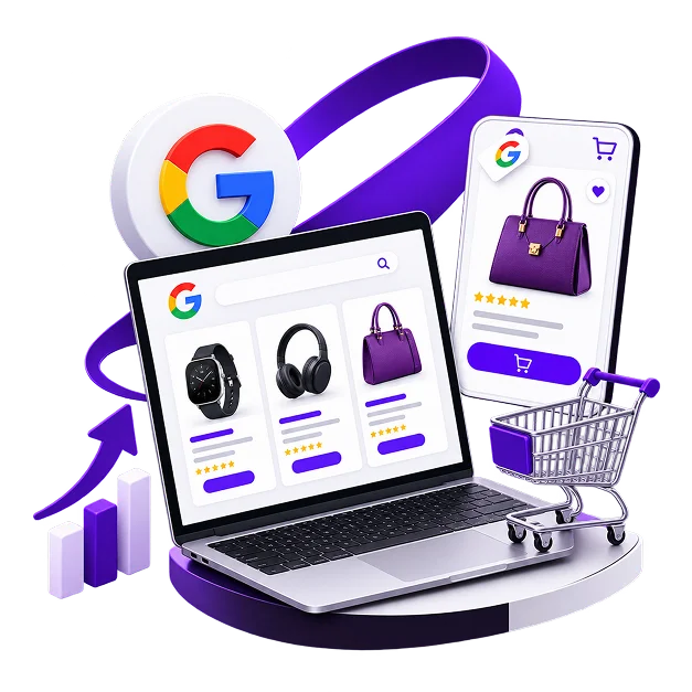 Google Shopping Ads Management - a laptop and phone showing Google Shopping listings with ratings and prices