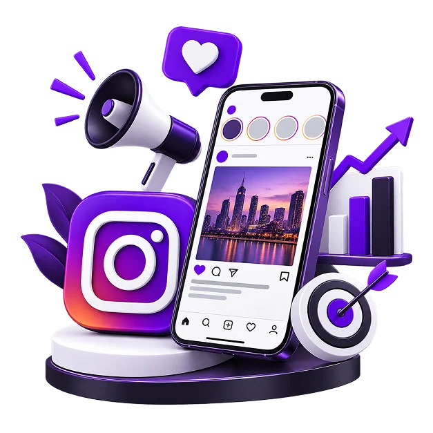 Instagram Marketing Services for Ecommerce - a phone showing an Instagram post, beside the Instagram mark, a megaphone