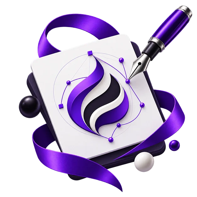 Logo Design Services - a fountain pen drawing a mark on a card over its construction grid, wrapped in a ribbon