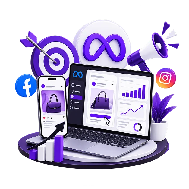 Meta Ads Management Services - a phone preview beside a laptop ad campaign dashboard