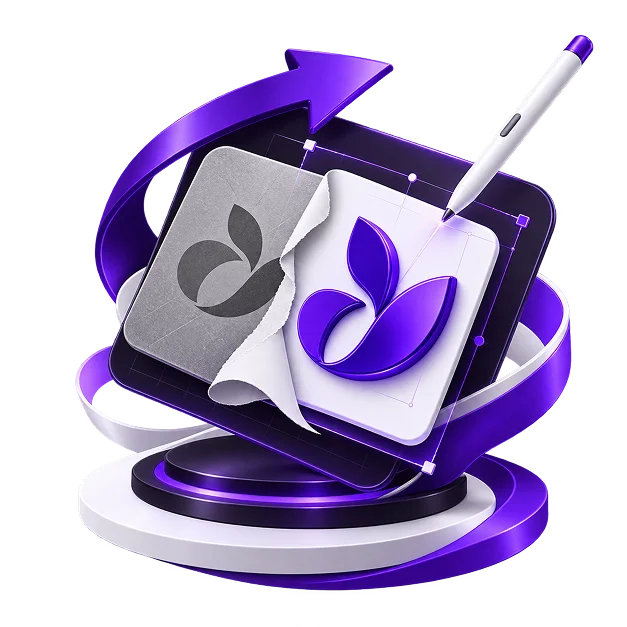 Rebranding Services - an old grey mark tearing away to reveal a new purple one on a tablet, ringed by a circling arrow