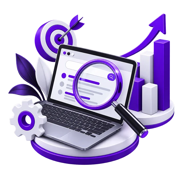 Ecommerce SEO Services - a laptop showing search results under a magnifier, with a target, a gear and a rising chart