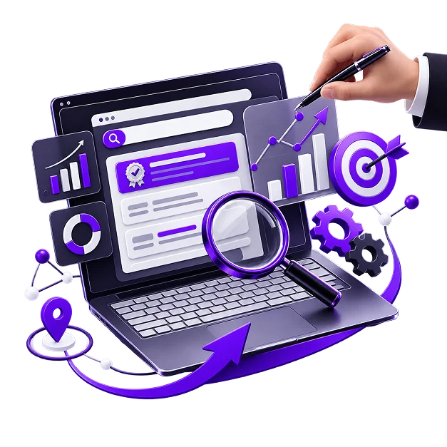 Ecommerce SEO Services - a laptop showing a search results page with a ranked listing, a magnifier, a target