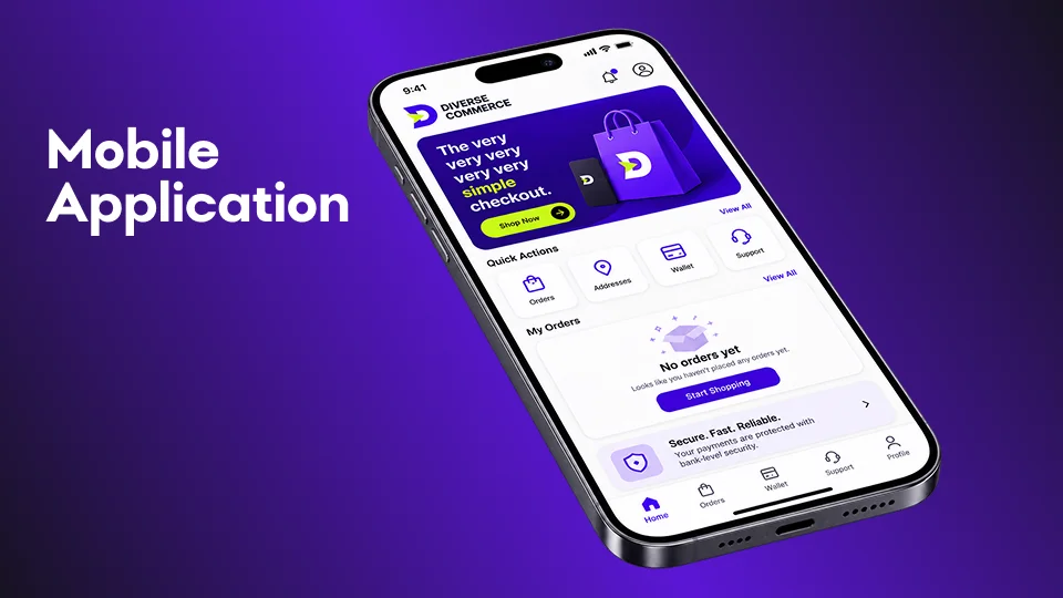 Brand Guidelines Services - the Diverse Commerce identity applied to a mobile app, shown on a phone against a violet ground