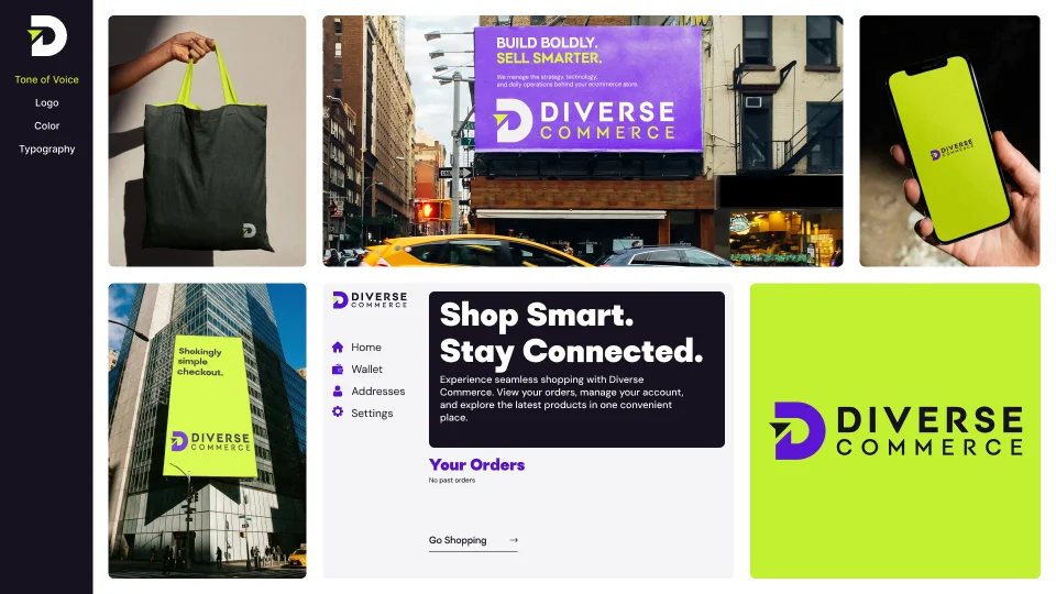 Brand Guidelines Services - the identity applied to a tote bag, a billboard, a phone, a building banner and an app screen