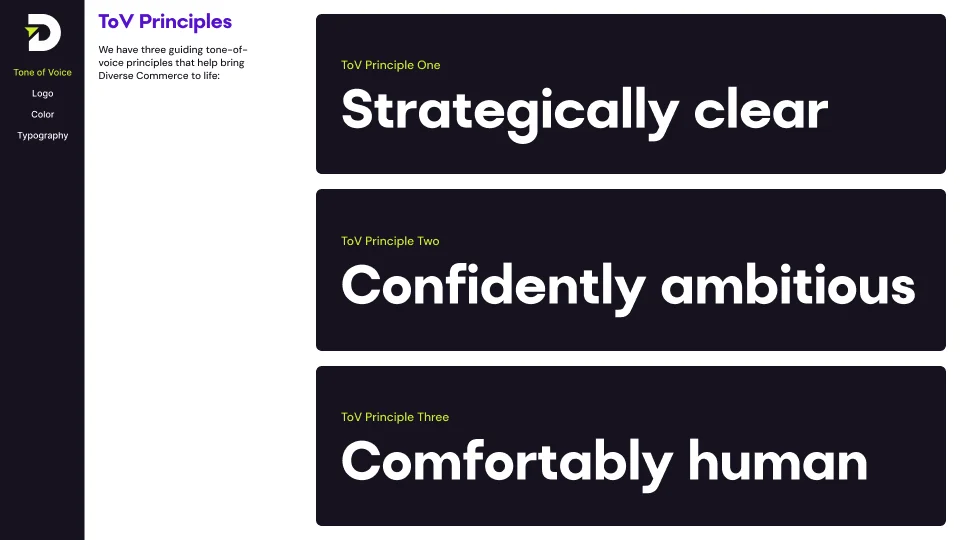 Brand Guidelines Services - three tone-of-voice principles - strategically clear, confidently ambitious and comfortably human