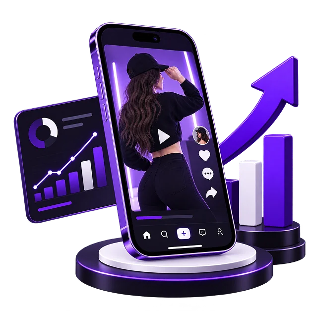 TikTok Marketing Services for Ecommerce - a phone playing a vertical TikTok video with like, comment and share icons