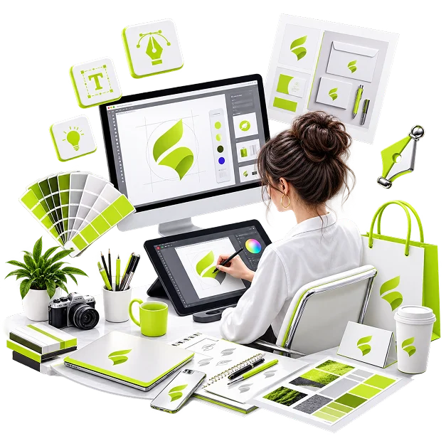 Brand Design Services - a designer at a monitor drawing a leaf mark on its construction grid, with a colour fan