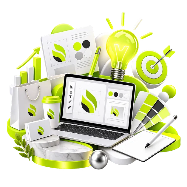 Brand Development Services - a laptop showing a leaf mark on a construction grid, surrounded by a lightbulb, a target