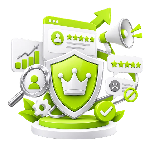Brand Reputation Management - a crowned shield in front of a five-star review card, with a megaphone