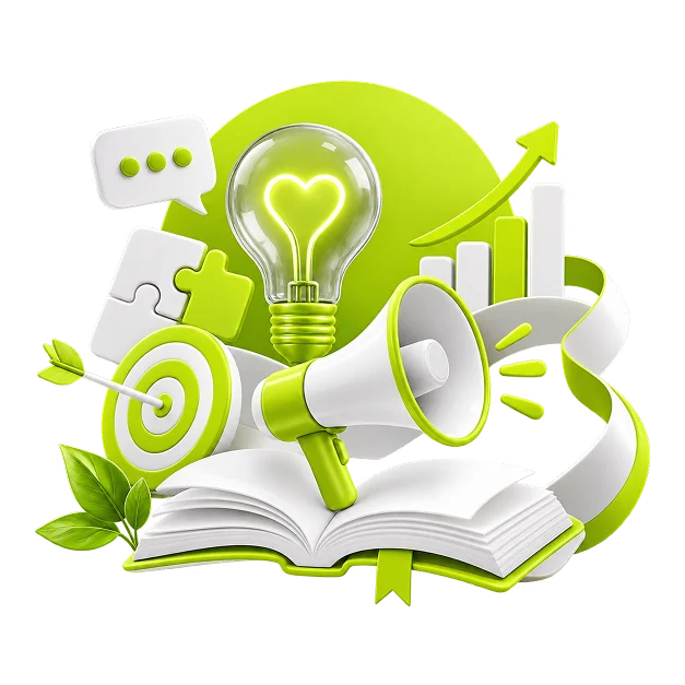 Brand Story and Messaging Services - a megaphone over an open book, with a heart-filament lightbulb, a speech bubble