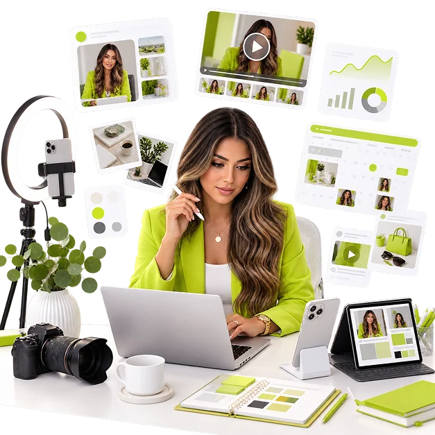 Ecommerce Content Marketing Services - a creator at a laptop surrounded by floating photo, video and analytics panels