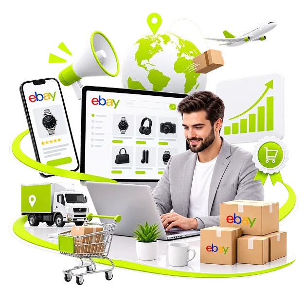 eBay Marketing and Listing Optimisation - a seller at a laptop showing an eBay storefront grid, with a phone listing a watch