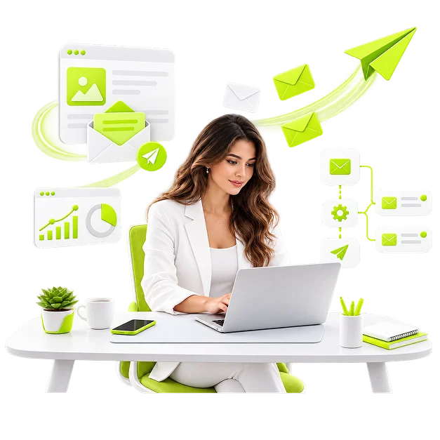 Ecommerce Email Marketing Services - a marketer at a laptop with envelopes trailing a paper plane above