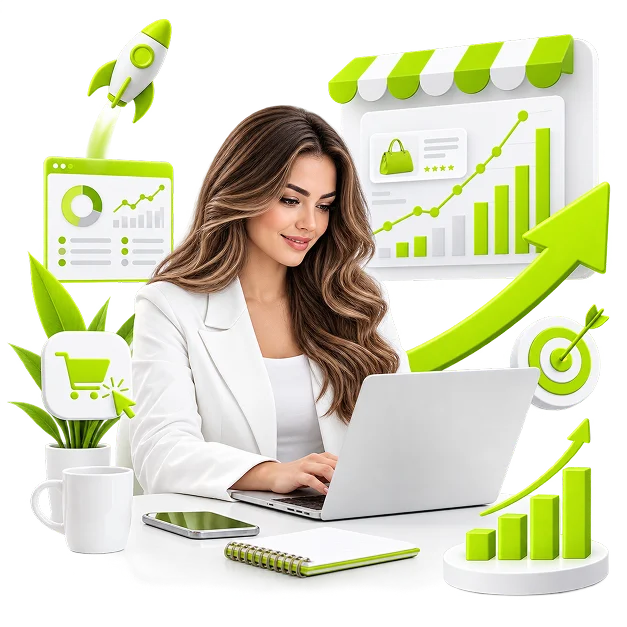 Etsy Marketing and Shop Optimisation - a seller at a laptop with a storefront panel under a striped awning