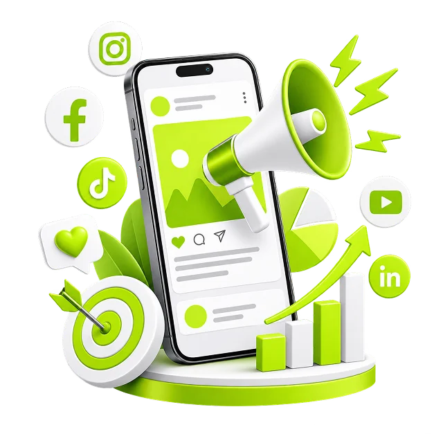 Facebook Marketing Services for Ecommerce - a phone showing a feed post with a megaphone across it, ringed by Facebook