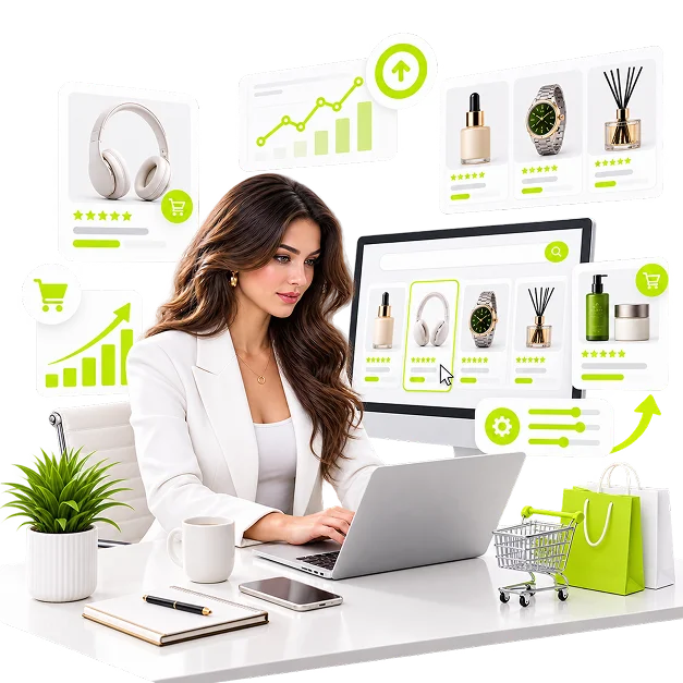 Google Shopping Ads Management - a marketer at a laptop beside a monitor of product listings with prices and ratings