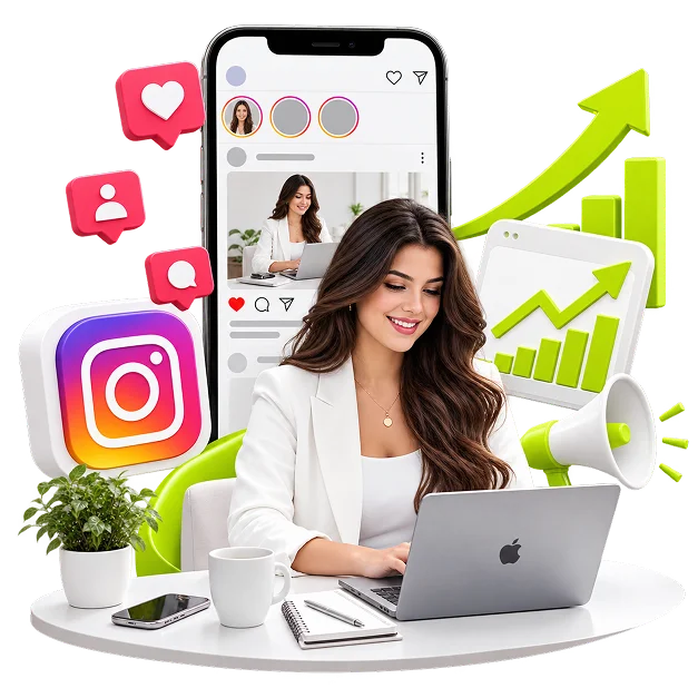 Instagram Marketing Services for Ecommerce - a creator at a laptop before a phone showing a feed