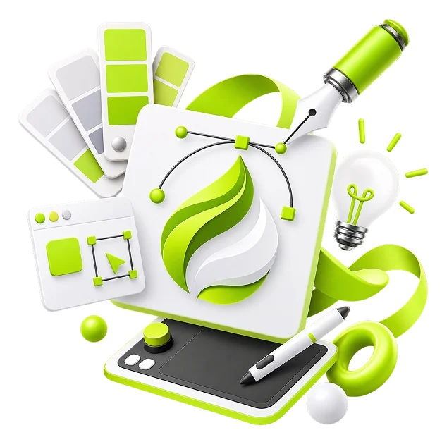 Logo Design Services - a leaf mark on a card with its bezier construction path, a fountain pen