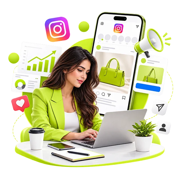 Meta Ads Management Services - a marketer at a laptop beside a phone showing a sponsored post for a bag