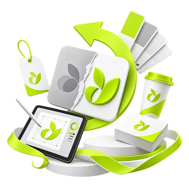 Rebranding Services - a torn card where an old grey mark gives way to a new green one under a curving arrow