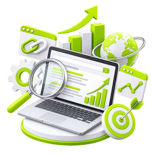 Ecommerce SEO Services - a magnifier over a laptop showing a search results page, with a rising bar chart, a globe